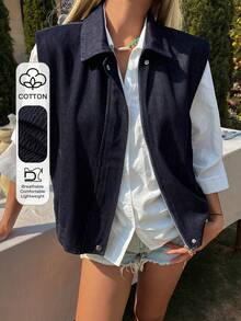 DAZY Áo khoác denim nữ ngắn không tay cổ bẻ, kiểu dáng thường ngày, chất liệu denim mài. - Rửa tối - Xem 1