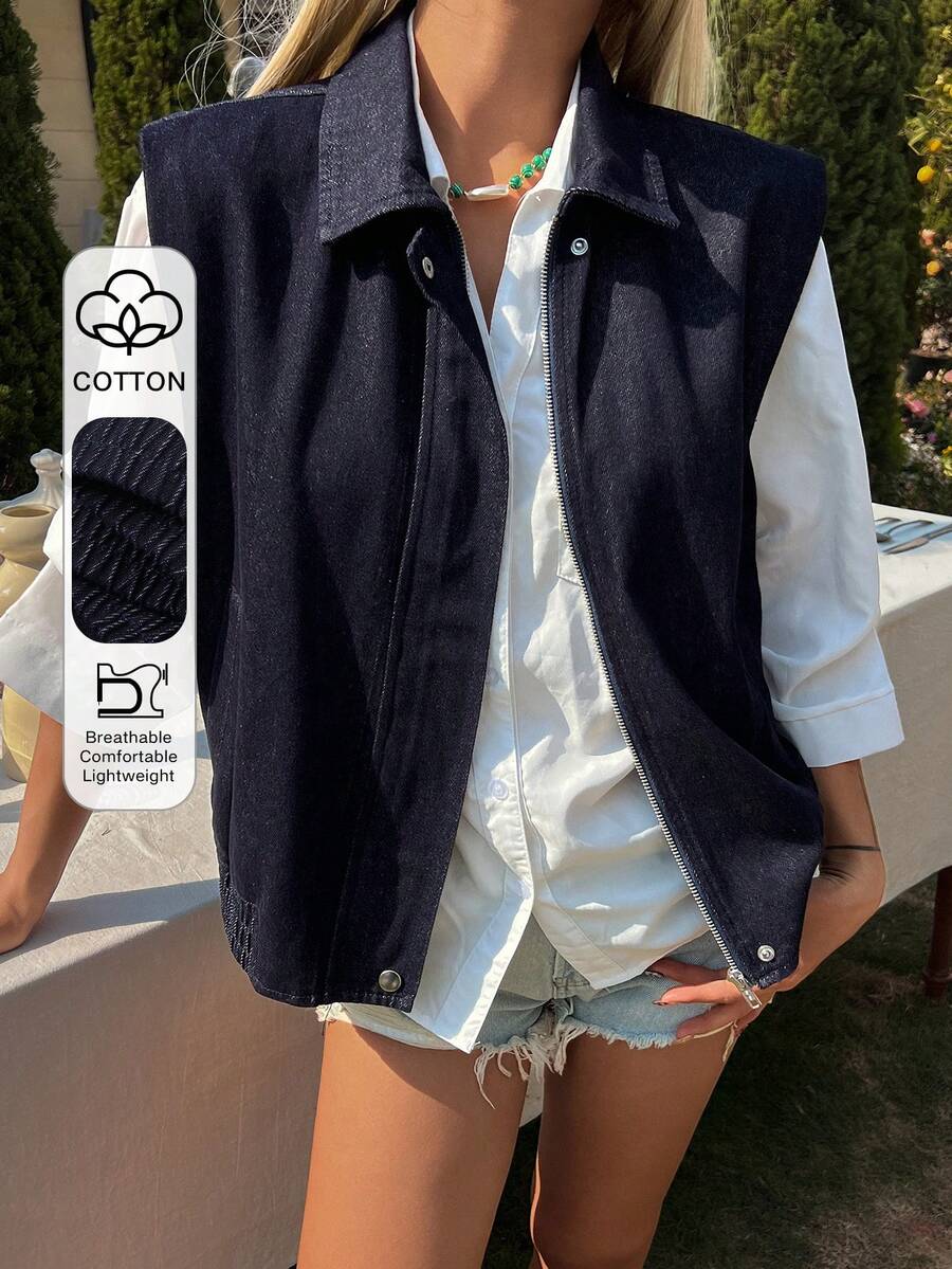 DAZY Áo khoác denim nữ ngắn không tay cổ bẻ, kiểu dáng thường ngày, chất liệu denim mài. - Rửa tối - Xem 1