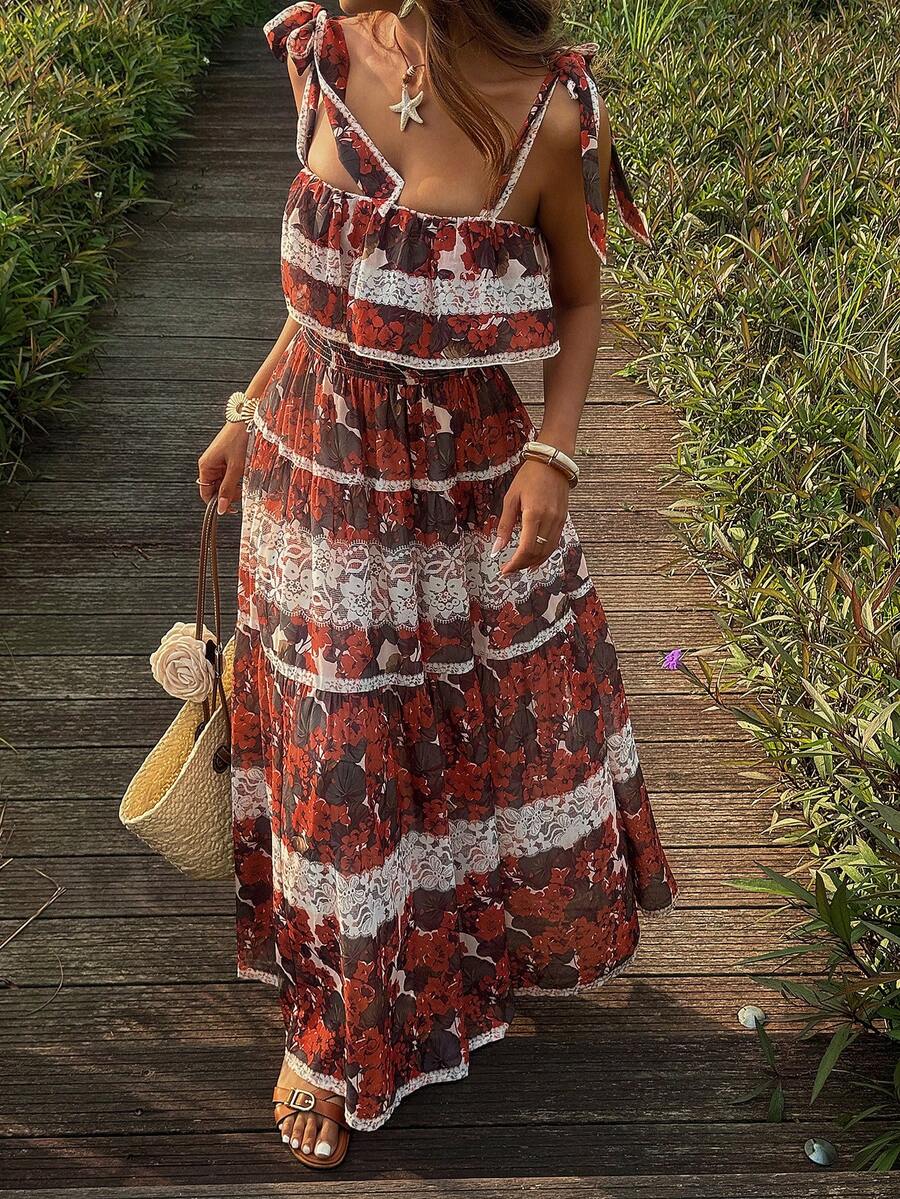 Livesso Vestido midi de gasa para mujer con estampado floral de todo el Body, estilo geométrico bohemio, contraste de colores, parches, volantes en el bajo, informal, para vacaciones y playa - Burdeos - Ver 1