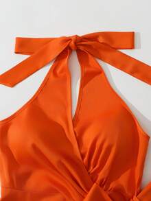 Breezaya Burnt Orange Summer Elegant Tropical Holiday Vacation, V-Neck Wrap Cinched Waist Ruched Midi Dress, Women's French Chic Greece Resort Wear - Orange - View 5