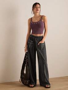 Easelle Casual Vintage Pocket Distressed Loose Women's Pants Wide Leg Pants Western Pants For Women Wide Leg Pants Woman Women's Pants Women's Pants Women's Trousers Women Summer Pants - Grey - View 3