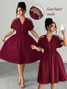 Elenzga Plus Size Women's Elegant Burgundy Summer Midi Dress,V-Neck Short Sleeve Heart Mesh,Waist Cinched A-Line Chiffon Casual Dress For Party,Wedding,Work - Red - View 1