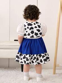 SHEIN Babygirl Cute Summer Cow Pattern Vest Jacket, Color Block Heart Print Dress & Hat 3-Piece Outfit Set - Brown - View 2