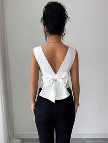 Elenzga Women's Elegant Backless Bow Tie Faux Pocket Camisole - White - View 2