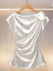 Modelyn 优雅女士缎面印花系带收腰修身衬衫 - 彩色 - 查看 1