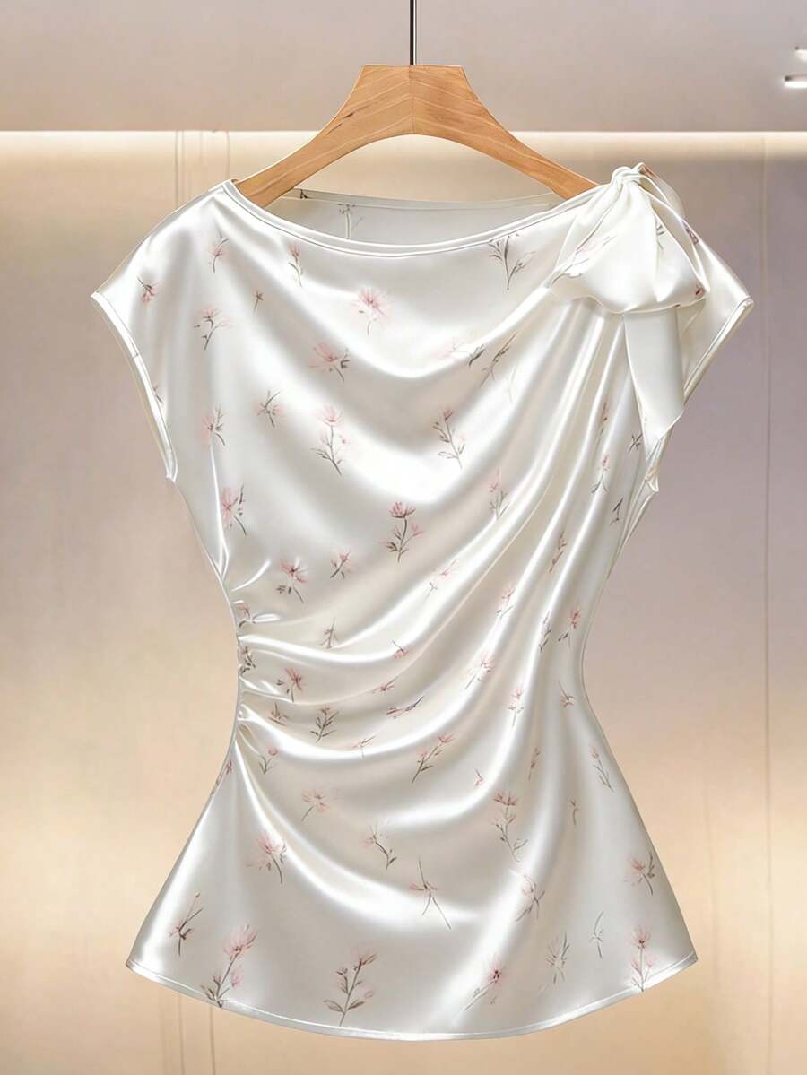 Modelyn 优雅女士缎面印花系带收腰修身衬衫 - 彩色 - 查看 1