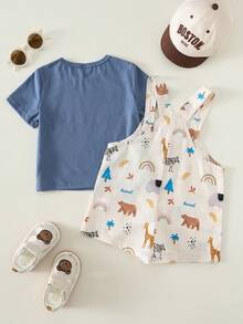 SHEIN 2件套男女宝宝通用休闲可爱蓝色T恤上衣和动物纹格子背带裤套装，夏季服装 - 彩色 - 查看 2