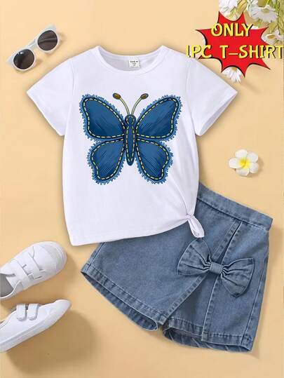 女童休闲蝴蝶印花基础款白色短款T恤，舒适日常穿着，适合春、夏、秋季穿着。