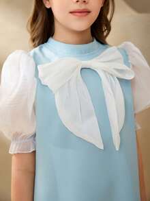Tween Girls' Elegant Lily Satin Puff Sleeve Dress With Cute Bow Design And Blue Wave Pattern, And Gentle - Blue - View 5