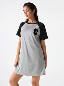 Loungeista Summer Color Block Letter Print Round Neck T-Shirt Sleep Dress Pajama Dressfor Summer - Light Grey - View 5