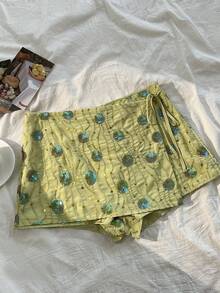 Elamini 女士休闲派对系带短裙，珠绣装饰 - 綠色 - 查看 4