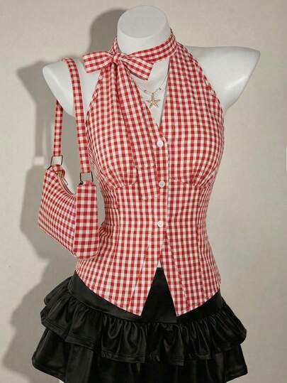 Olithes 2026 New Arrival Women's Red And White Gingham Halter Tank Top - With Bowknot Straps, White Buttons, Ruched Details, Casual & Commute & Minimalist & Vacation Style