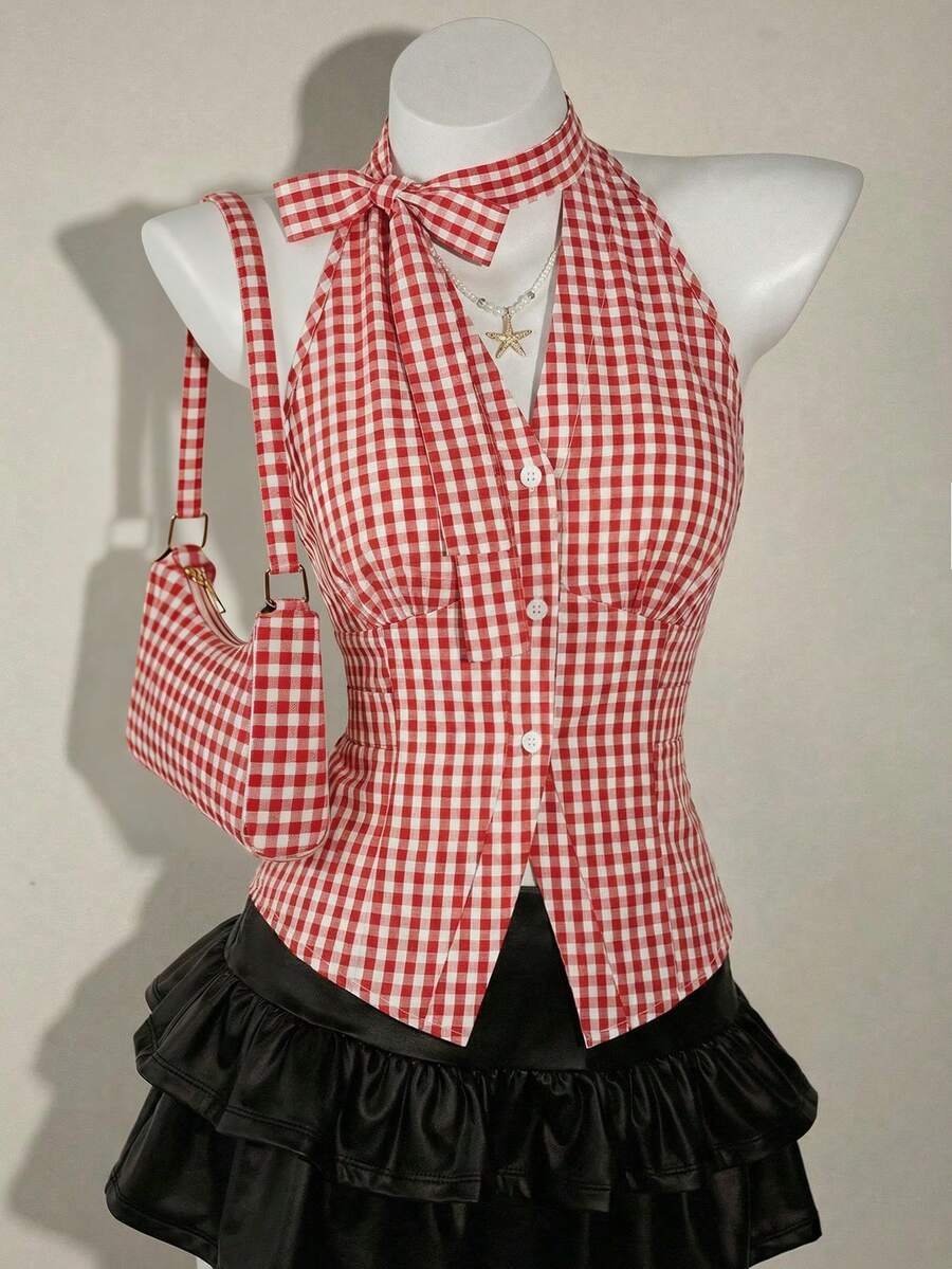 Franclia 2026 New Arrival Women's Red And White Gingham Halter Tank Top - With Bowknot Straps, White Buttons, Ruched Details, Casual & Commute & Minimalist & Vacation Style Preppy Tops Red Checkered Top Red Gingham Top Red And White Top - Multicolor - View 1