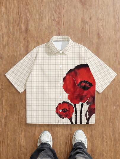 Manfinity Joysei Vintage Red & Black Ombre Ink Floral Colliding With Artistic Plaid Lines Men's Loose Fit Short Sleeve Shirt, Artistic & Fresh Men's Short Shirt