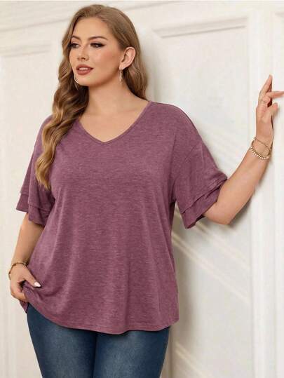 Rosumi Plus Size V-Neck Ruffle Sleeve T-Shirt, Minimalist And Fashionable, Suitable For Summer