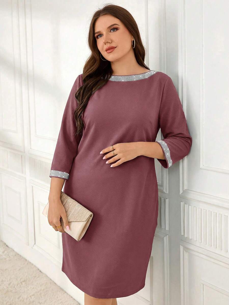 EMERY ROSE Plus Size Elegant Commuter Dress With Sequin Decor - Purple - View 1
