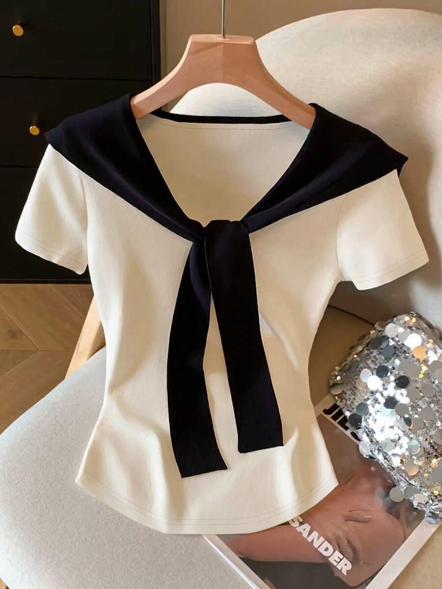 GlowEve 女士针织优雅夏季简约T恤 - 杏色 - 查看 1