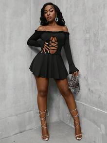 Glyssa Women's Sexy Off Shoulder Sleeveless Backless Lace-Up Long Sleeve Dress - Black - View 5