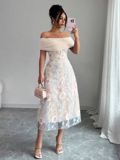 Modelyn 女式网眼拼布涤纶针织刺绣露肩荷叶边简约性感夏装