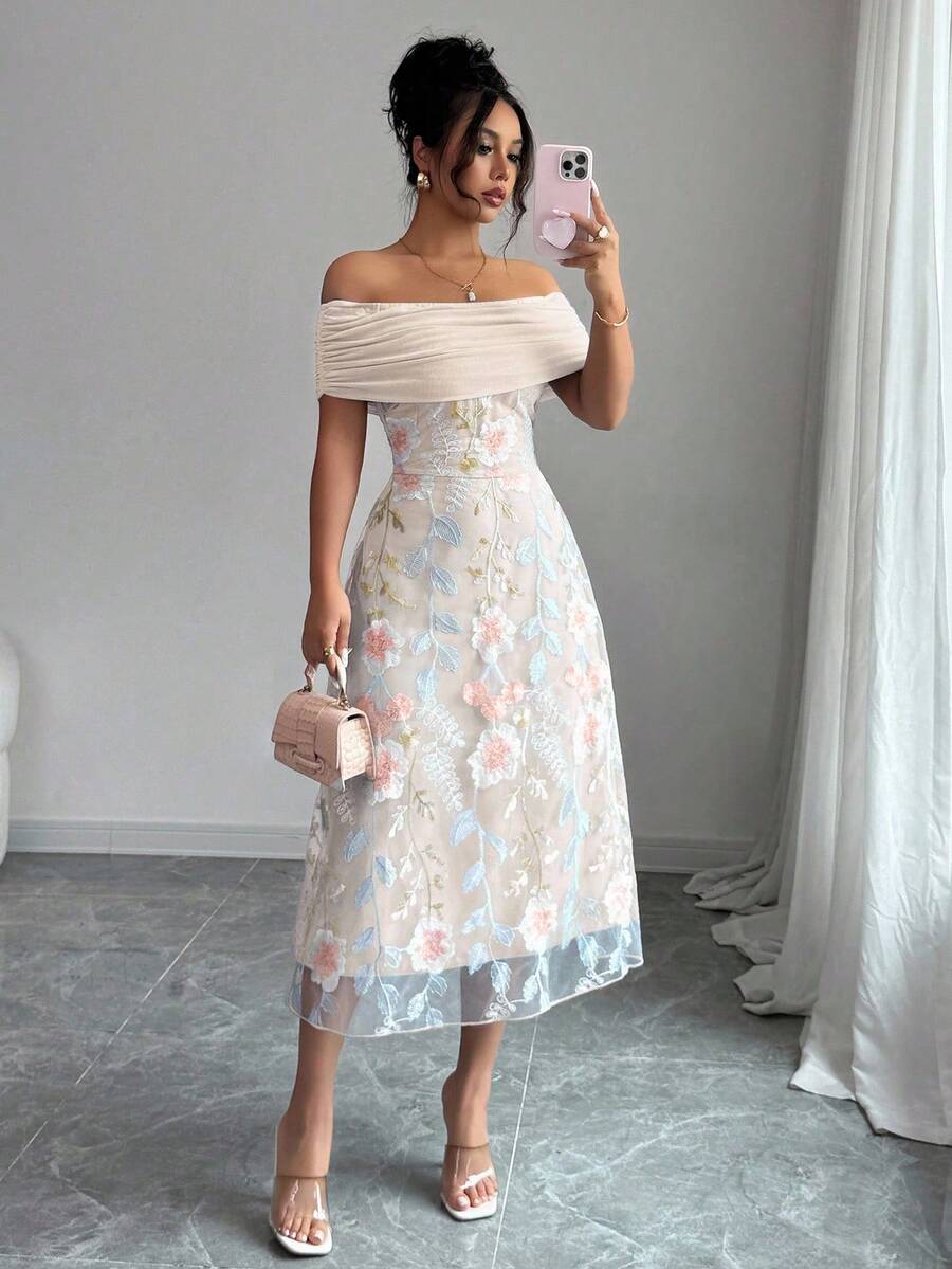 Modelyn Vestido de verano minimalista y sexy con hombros descubiertos, bordado, parches de malla y volantes de punto de poliéster para mujer