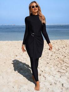 Swim Mulvari Women's New Black 2-Piece Swimwear Set With Belt, Long Sleeve High Neck Midi Dress And Slim Fit Pants, Conservative Modest Burkini For Spring/Summer Vacation - Black - View 1