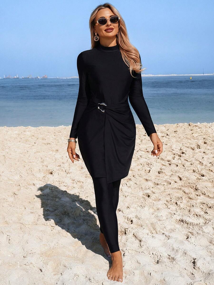 Swim Mulvari Women's New Black 2-Piece Swimwear Set With Belt, Long Sleeve High Neck Midi Dress And Slim Fit Pants, Conservative Modest Burkini For Spring/Summer Vacation - Black - View 1