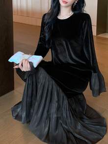 FRIFUL Women's Patchwork Mid-Length Fleece Lining Dress - Black - View 2