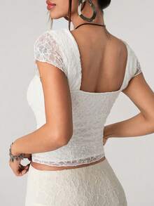 SHEIN ICON Lace Patchwork Square Collar Ruched Women Blouse - White - View 2