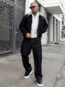 Artur Kramer 男士长袖羊羔绒外套，泰迪领，男士冬季外套，黑色，秋季 - 黑色 - 查看 6