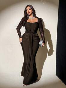 Viva Relle 大码女士纯色方领灯笼袖连衣裙，浪漫优雅，适合婚礼宾客、毕业典礼、舞会、节日、生日、教堂礼拜、夜间外出、派对等场合，是女士奢华晚礼服的理想之选。 - 棕色 - 查看 3