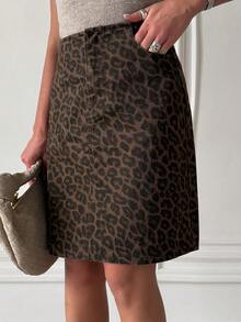 DAZY Women's Regular Waist Leopard Print A-Line Casual Denim Mini Skirt Y2k - Brown - View 6