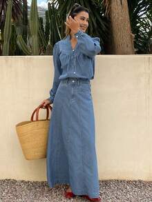 DAZY Bộ đồ denim thanh lịch dành cho nữ, gồm áo sơ mi denim kiểu cung đình và chân váy denim dài. - Rửa trung bình - Xem 4