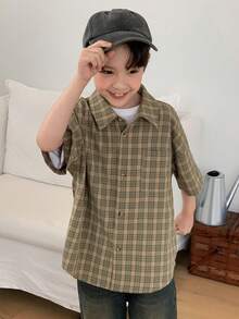 DAZY Áo sơ mi ngắn tay kẻ caro dáng casual cho bé trai tuổi teen, mùa hè. - Màu Khaki - Xem 7