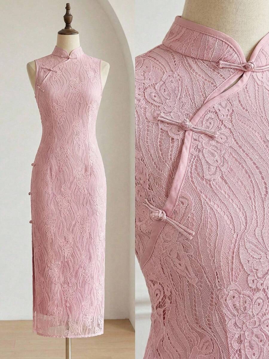 EastFlair Vestido elegante ajustado con estampado de button y florecilla para mujer - Rosa - Ver 1