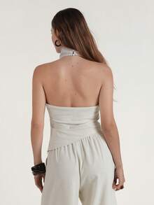 Áo quây cổ đổ bằng vải lanh dành cho nữ - Màu be - Xem 2