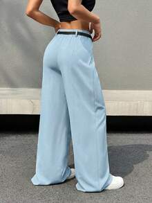 SHEIN EZwear Casual Versatile Commuter Solid Color Belted Wide Leg Pants - Blue - View 2