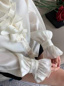 DAZY Women's Stand Collar Ruffle Trim Fashionable Versatile Long Sleeve Blouse - White - View 11