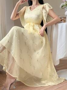 DAZY Vestido largo elegante con lentejuelas francés, vestido fluido para mujeres - amarillo ganso - Ver 6