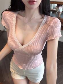 DAZY 女士深V领蕾丝修身休闲日常T恤 - 粉色 - 查看 1