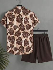 Surfspeed Men's Leaf Print Button-Down Short Sleeve Shirt And Drawstring Waist Shorts Casual Beach Outfit, Holiday - Coffee Brown - View 3