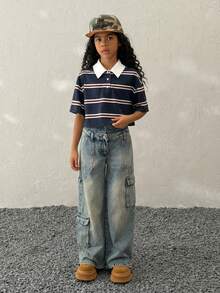 Tween Girls ' Spring/Summer Form-Fitting Striped Contrast Color Polo Neck T-Shirt - Blue - View 7