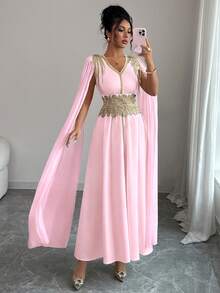 Elenzga Women's V-Neck Ruched Waist Elegant Long Party Dress - Pink - View 4