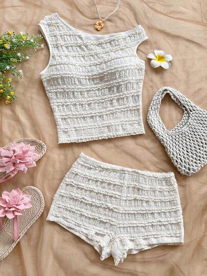 Summer Outfit Teen Girl Vacation Casual Solid Color Textured Asymmetric Neck T-Shirt And Squishy Shorts Set