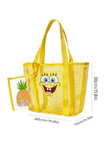 SpongeBob SquarePants | SHEIN 1 Cute Cartoon Character Pattern Mesh Tote Bag, Beach Bag, With Anti-Splashing Material Small Bag, Can Store Mobile Phones And Other Small Objects, Suitable For Commuting, Sports, Leisure, Outings, Suitable For Swimming, Large Capacity, Yellow - Yellow - View 10
