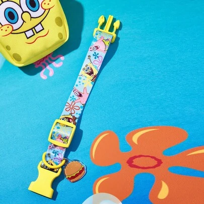 SpongeBob SquarePants | SHEIN 1 Piece Cartoon Printed Adjustable Pet Collar With Leash Hook, Adjustable Collar Length. S/L Size Optional, Suitable For Pets Of All Sizes, Suitable For Cats, Dogs, Hamburgers