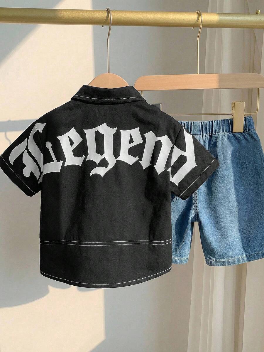 SHEIN Bộ quần áo bé trai/bé gái thoải mái, năng động, in chữ, tay ngắn và quần short denim, thích hợp cho trong nhà, ngoài trời, hàng ngày, thể thao, vui chơi, dự tiệc, chụp ảnh, kỳ nghỉ, mùa xuân/hè. - Nhiều màu - Xem 1