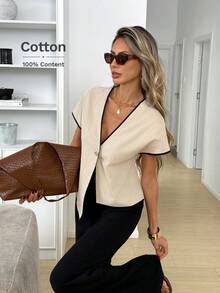 Easowa V-Neck Wide Shoulder Jumpsuit Sleeve Metal Button Asymmetrical Hem A-Line Blouse Casual Loose Elegant Office Lady Vacation Spring Summer Women Thin Blazer - Khaki - View 3