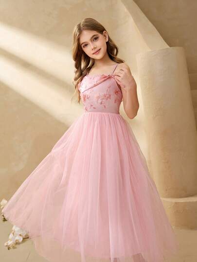 Tween Girls' Elegant Floral Mesh Off Shoulder Maxi Dress, Suitable For Evening Party, Christmas, Halloween, Wedding, Prom, Graduation, Holiday