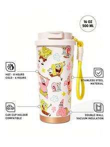 SpongeBob SquarePants | SHEIN 500毫升/16盎司真空隔热不锈钢杯，配1个防漏盖，适用于冷热饮，适用于大多数车载杯架 - 白色 - 查看 3