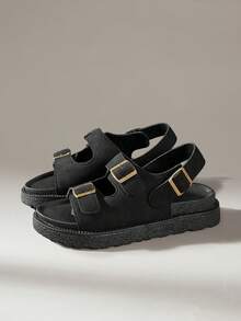 Solecia Sandalias casuales de mujer con diseño de hebilla y suela gruesa, versátiles para uso diario para Navidad - Negro. - Ver 2